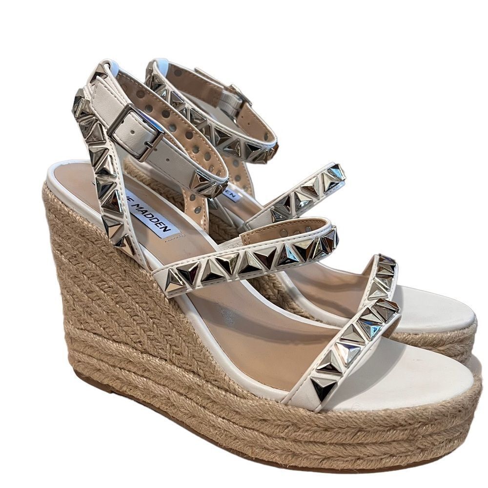 Steve Madden Sessions White And Silver Studded Espadrille Wedges 8m